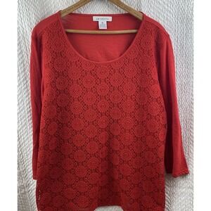 Liz Claiborne Women's Sweater Crew Neck Long Sleeve Pullover Size XL Red Crochet